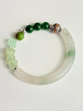Tian Shan Jade Half Bangle Bracelet | Prehnite, Green Jasper & Handmade